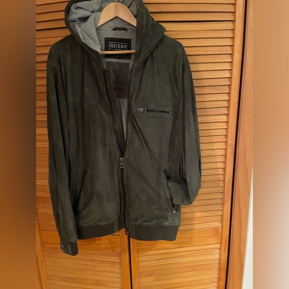 New Guess Men’s Suede Hooded Bomber Flight Jacket